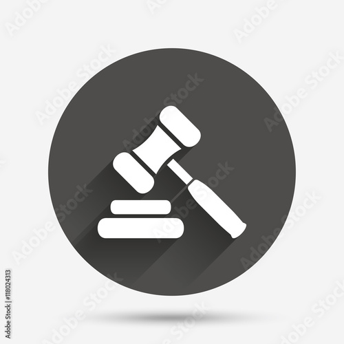 Auction hammer icon. Law judge gavel symbol.