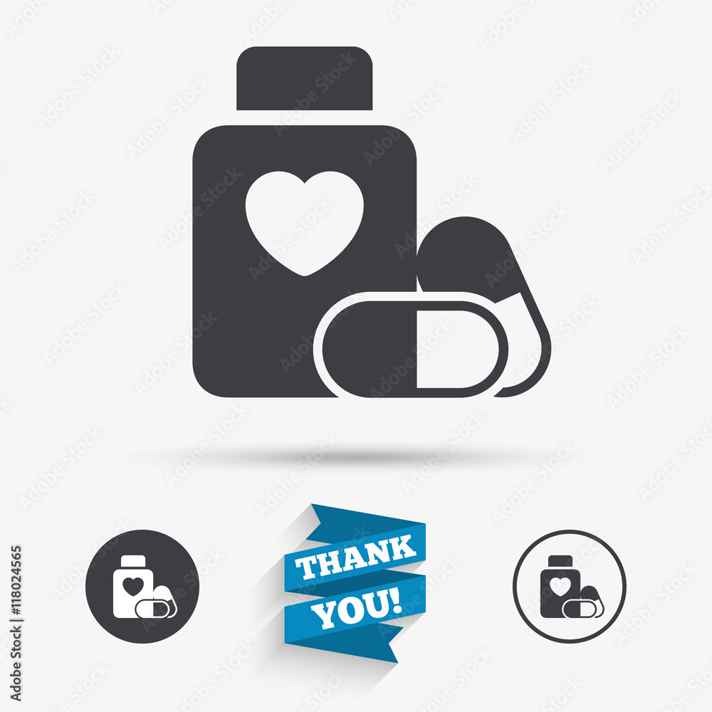 Medical heart pills bottle sign icon. Drugs. Medical heart pills bottle sign icon. Drugs.
