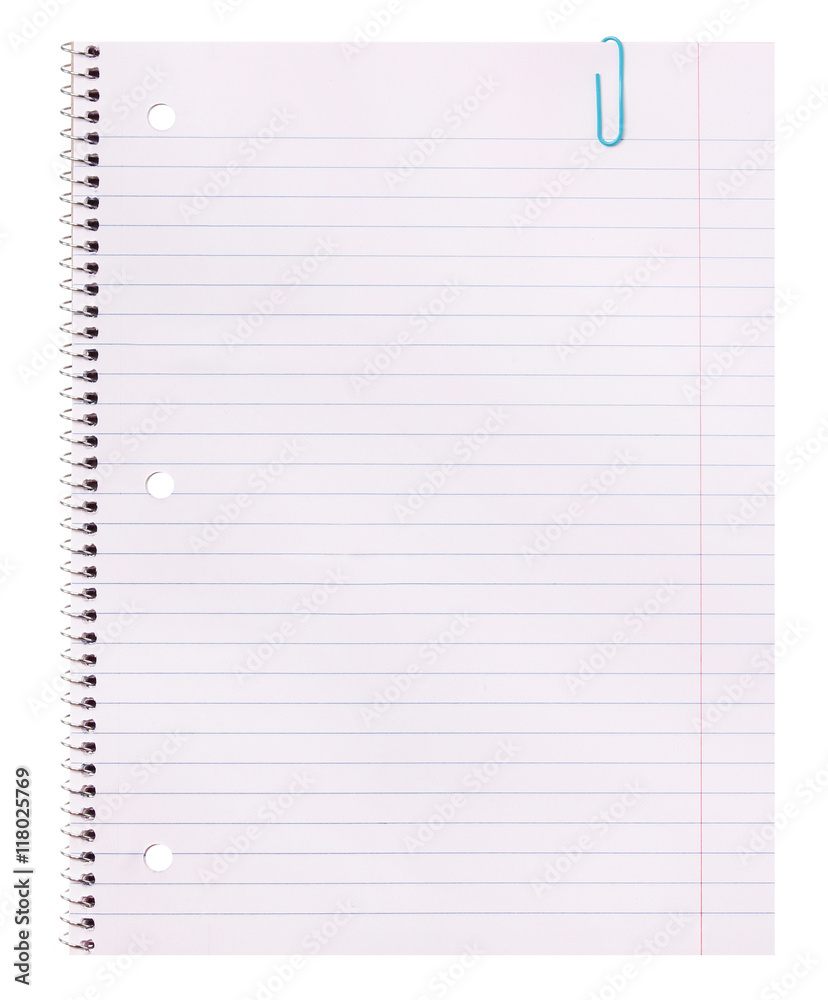 Notebook Paper isolated. Lined Blank with Paper Clip Notebook Paper isolated. Lined Blank with Paper Clip