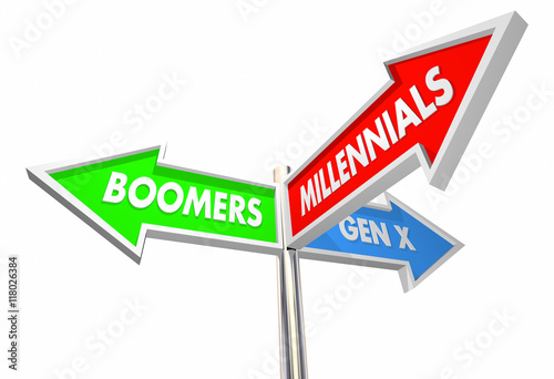 Картината върху платно Millennials Geration X Baby Boomers Road Signs 3d Illustration