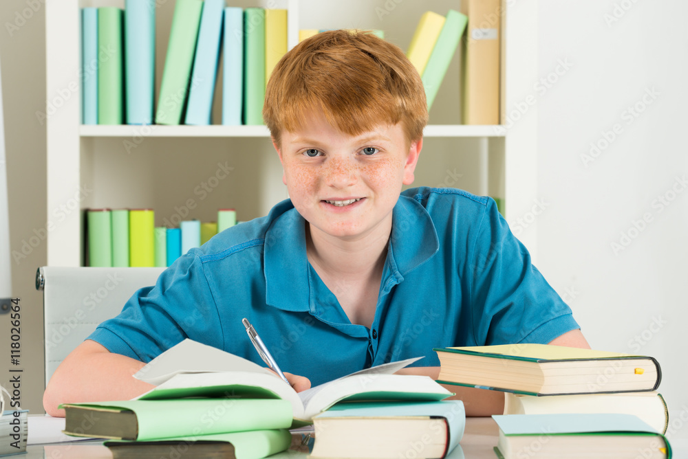 Happy Boy Studying In Library Happy Boy Studying In Library