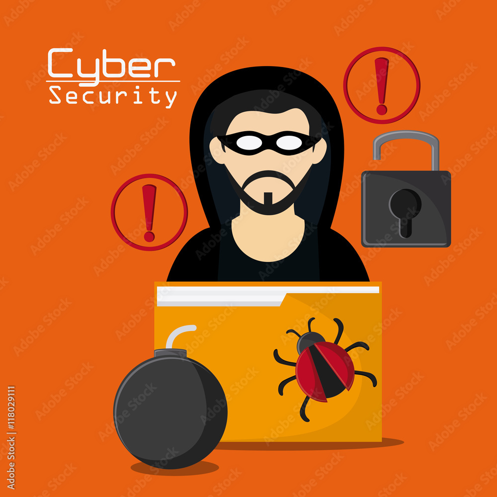 hacker thief file bomb bug padlock cyber security system protection icon. Colorfull illustration. Vector graphic