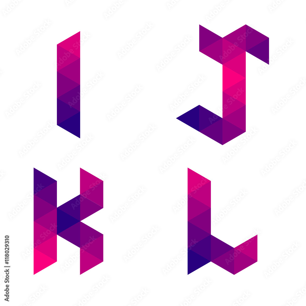 Series of letters i, j, k, l formed by colored triangles. Geometric shape. White background. Isolated. Series of letters i, j, k, l formed by colored triangles. Geometric shape. White background. Isolated.