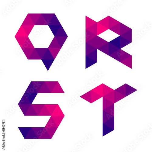 Series of letters q, r, s, t formed by colored triangles. Geometric shape. White background. Isolated.