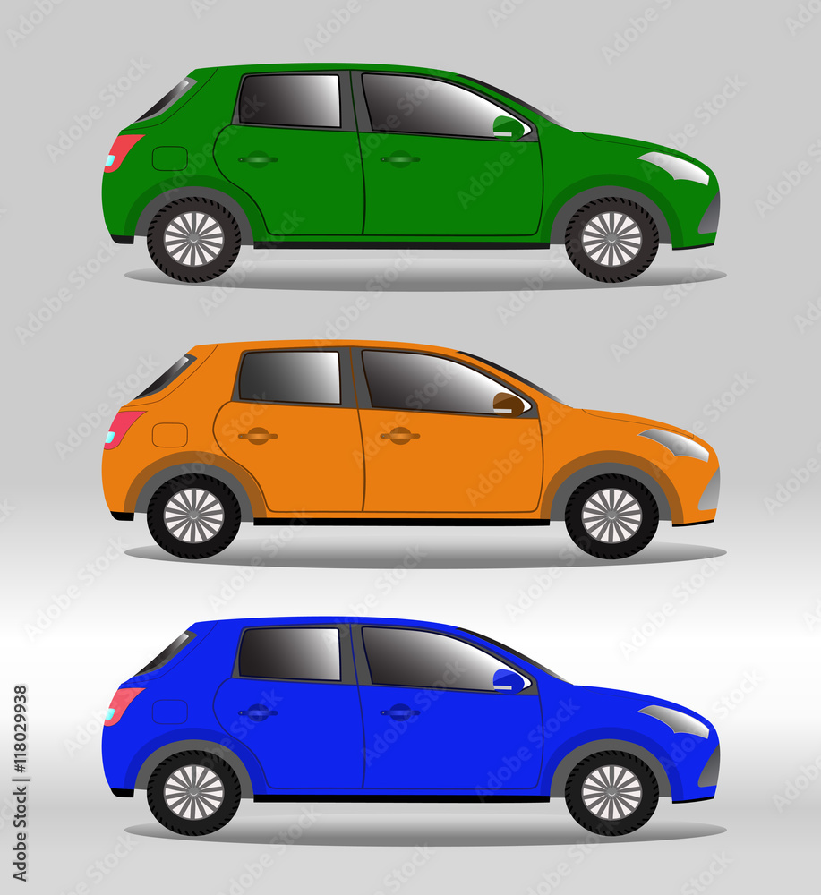 Set of family vehicles of different colors
