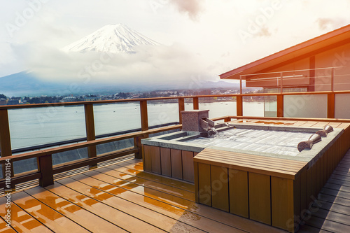 Japanese open air hot spa onsen with a beautiful view of the mountain Fuji