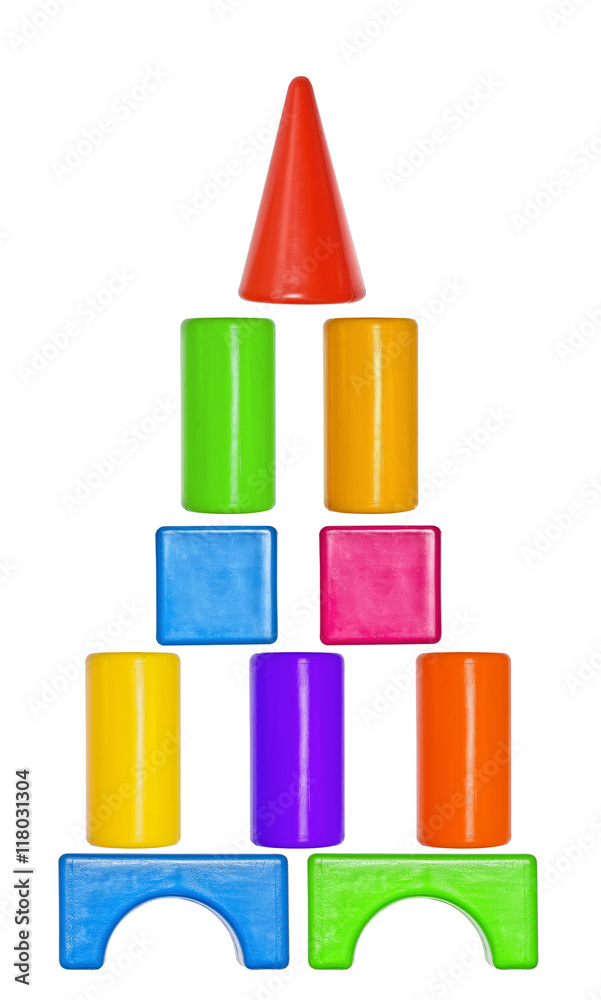 Set of toys, colorful plastic, block castle isolated on the white Set of toys, colorful plastic, block castle isolated on the white