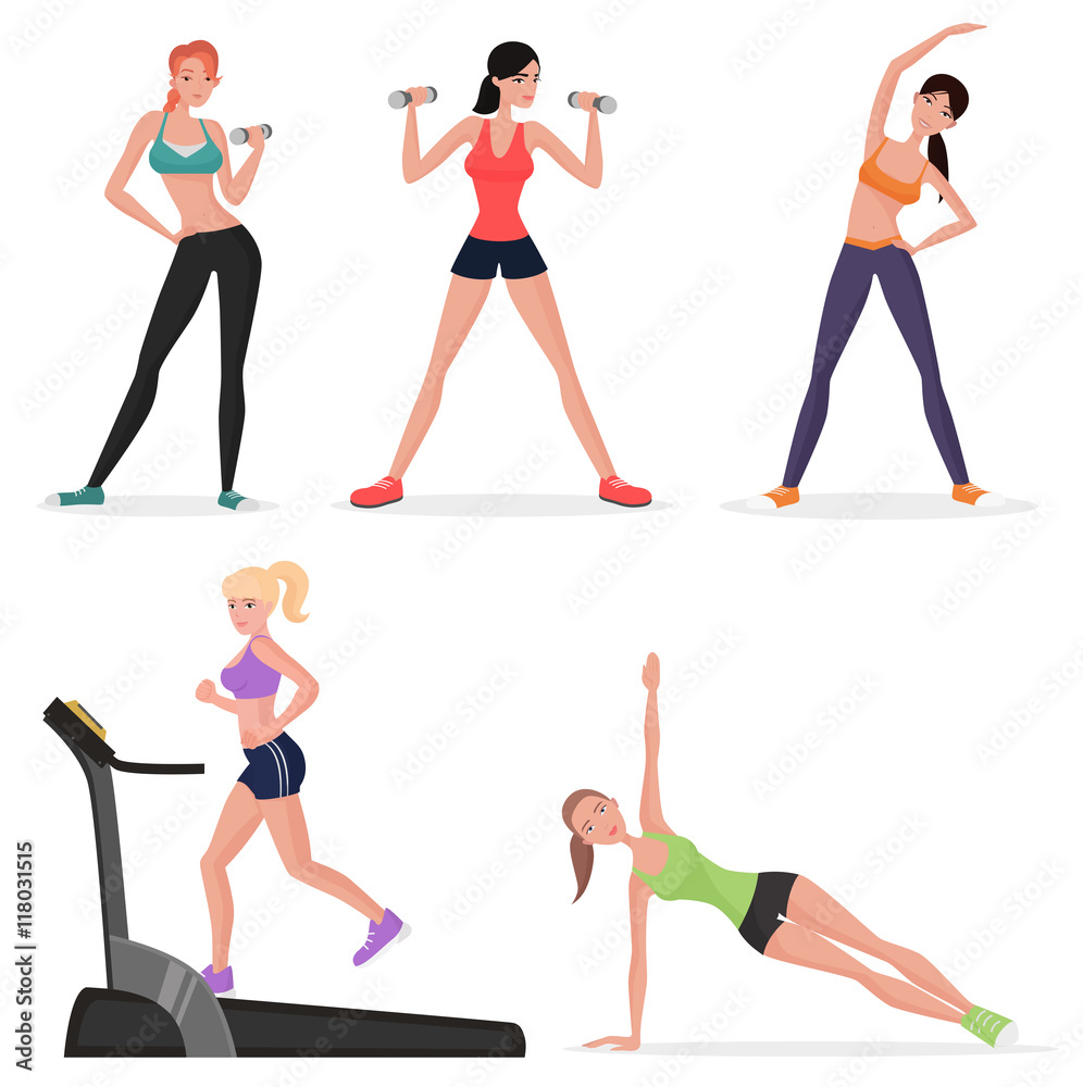 Fitness women female in gym set. Healthy lifestyle girls make yoga exercises  and gymnastics. Cardio workout. Stock Vector