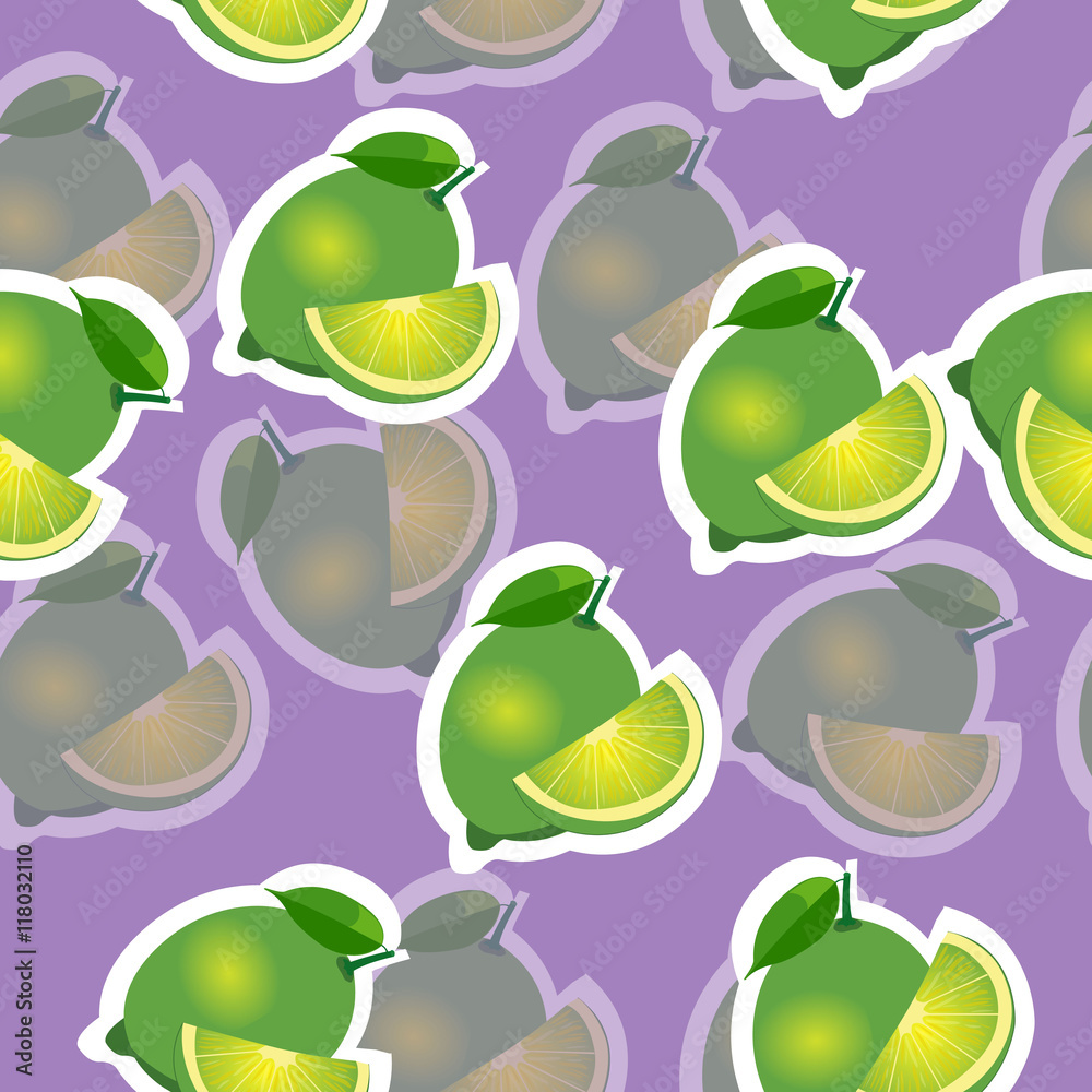 Pattern. lime and leaves and slises same sizes on purple background. Transparency lime.