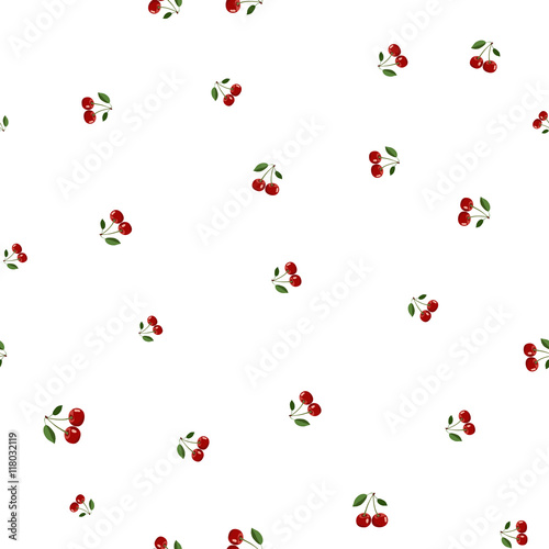Pattern of red small cherry different sizes with leaves on white background