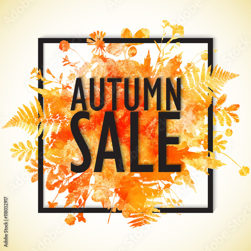 Autumn big sale - watercolor banner with orange folliage