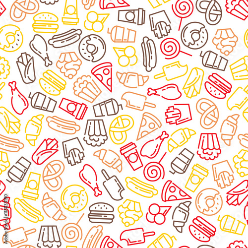 Fast food menu. Set of cartoon vector seamless pattern.