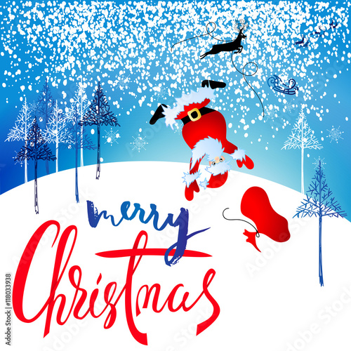 Santa Claus fall from sleigh with harness on the reindeer. Vector illustration. Chtistmas lettering. EPS10