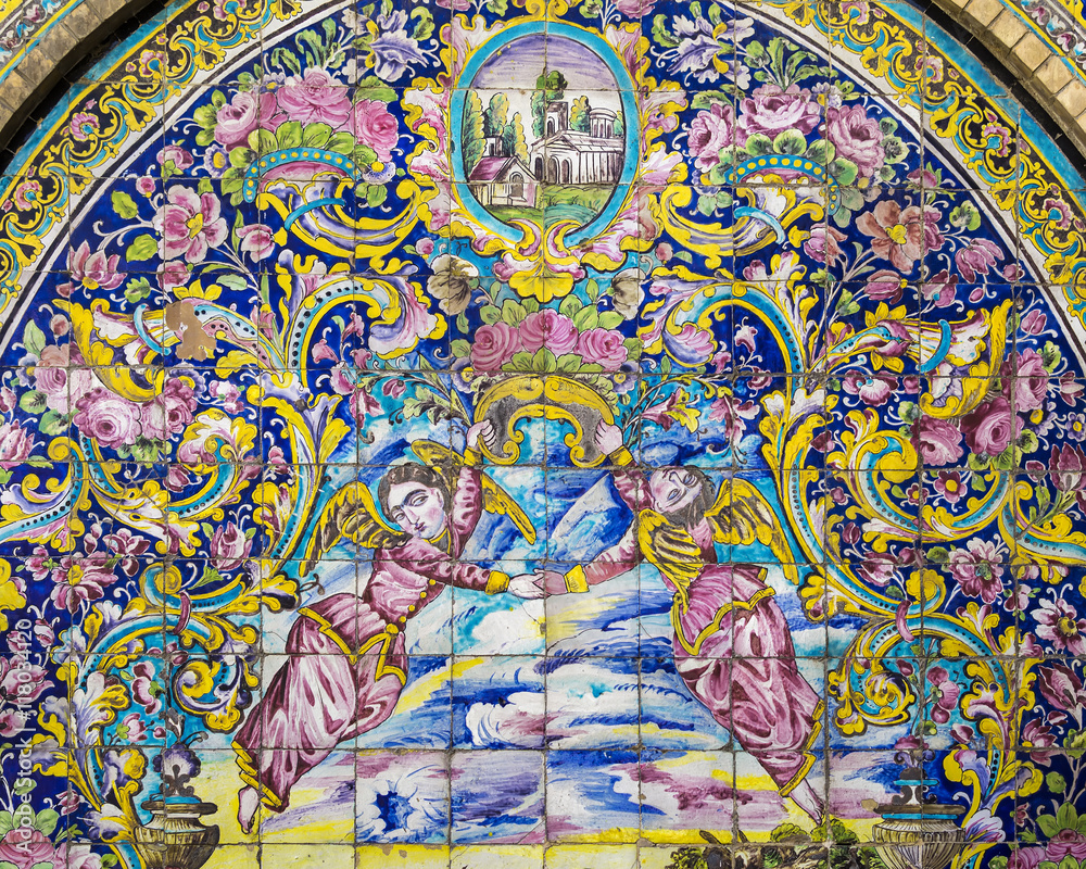 Portion of an old mosaic wall in Golestan palace, Tehran, Iran Portion of an old mosaic wall in Golestan palace, Tehran, Iran