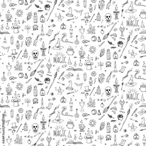 Seamless pattern hand drawn doodle Magic icons set. Vector illustration. Cartoon sorcery concept. Wizardy, witchcraft symbols and elements: wand, love potion, fairy book, tale, snake, crystal ball.