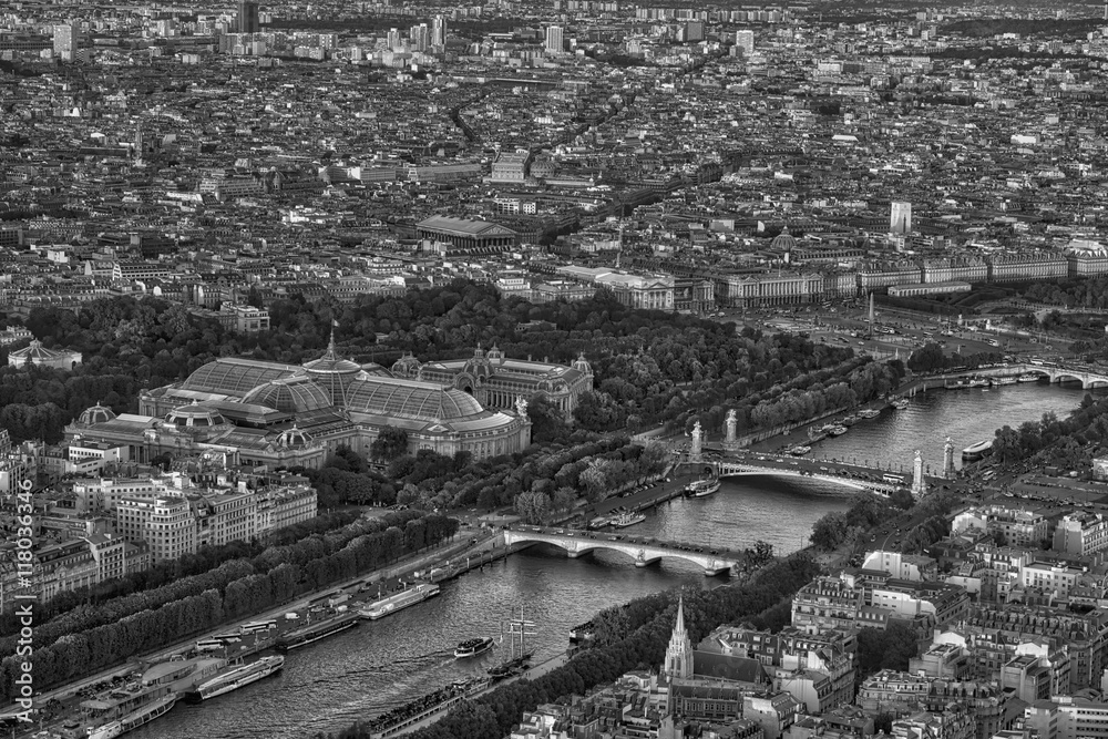 View of the bridges from the Eiffel Tower in Paris, France. Black and white.