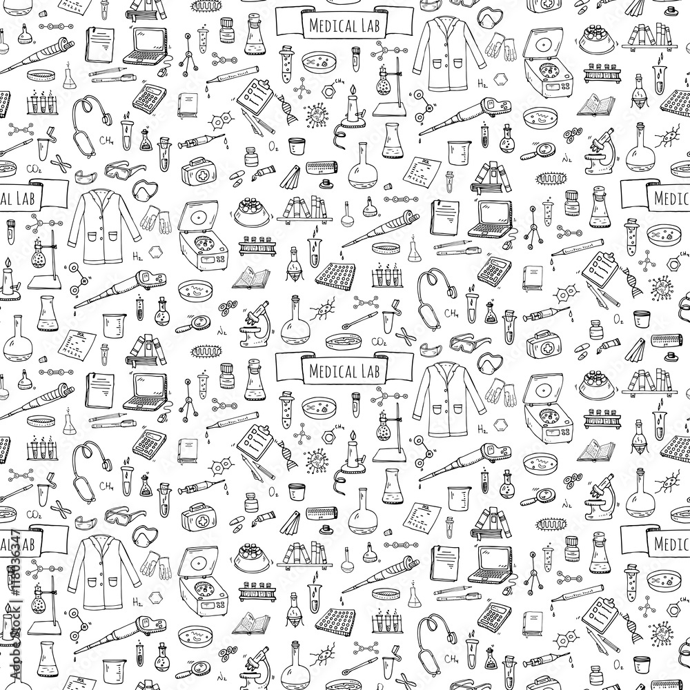 Seamless pattern Hand drawn doodle Medical laboratory icons set. Vector illustration. Chemical lab symbol collection. Cartoon medicine and healthcare elements: research tools, substance and molecules