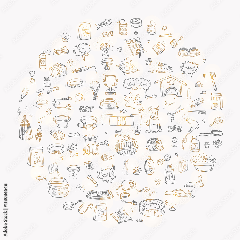 Hand drawn doodle Pets stuff and supply icons set. Vector illustration. Vet symbol collection. Cartoon dogs care elements: kennel, leash, food, paw, bowl, bone and other goods for pet shop Hand drawn doodle Pets stuff and supply icons set. Vector illustration. Vet symbol collection. Cartoon dogs care elements: kennel, leash, food, paw, bowl, bone and other goods for pet shop