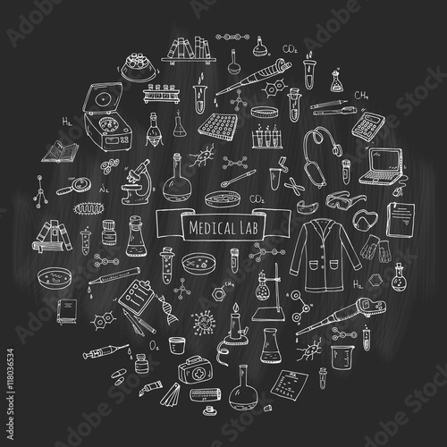 Hand drawn doodle Medical laboratory icons set. Vector illustration. Chemical lab symbol collection. Cartoon medicine and healthcare elements: research tools, substance and molecules, lab coat, mask
