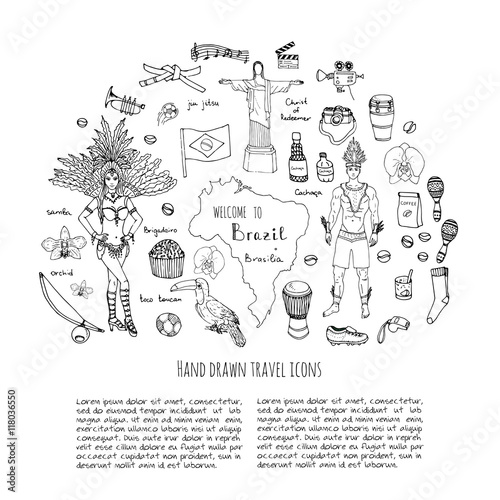 Hand drawn doodle Welcome to Brazil set Vector illustration Sketchy Brazilian traditional icons Cartoon Brazil typical elements collection Landmark Football ball cleats goal Capoeira Samba Orchid