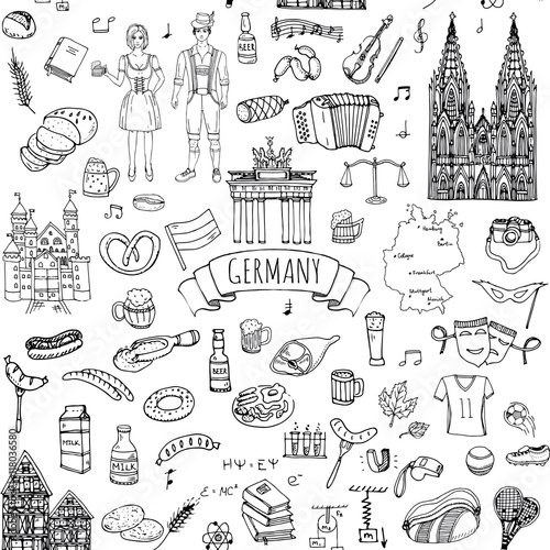 Seamless pattern hand drawn doodle set of Germany icons. Vector illustration set. Cartoon German landmark. Sketchy Europe travel elements collection: Sausage, Beer, Wheat bread, football, castle