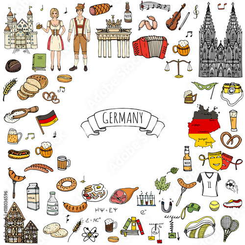 Hand drawn doodle set of Germany icons. Vector illustration set. Cartoon German landmark. Sketchy Europe travel elements collection: Sausage, Beer, Wheat bread, football, tennis, classic music, castle