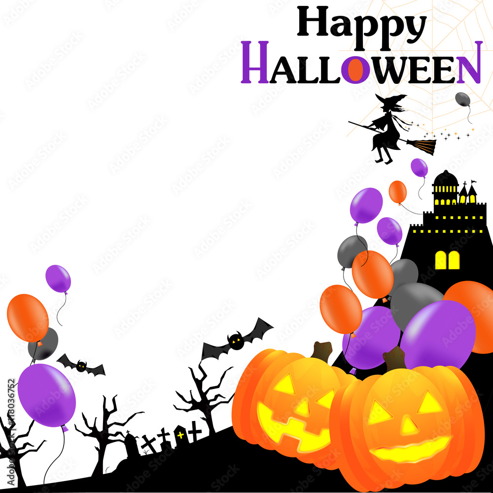 ハロウィン Halloween ハロウィーン 風船 バルーン かぼじゃ 魔女 背景 白バック 正方形 Stock イラスト Adobe Stock