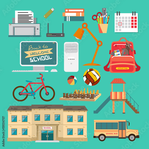 Set of things for school, college, university. Vector flat carto