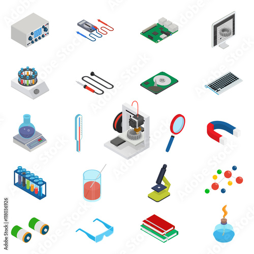 Isometric science icons with 3D design, electronics and chemistry equipment