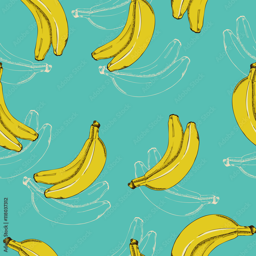 Seamless pattern with cute bananas. Hand drawn vector illustration.