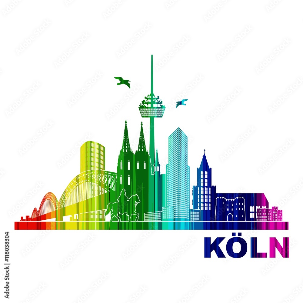 Köln Panorama Skyline Wandtatoo Sehenswürdigkeiten Kölner Dom Hohenzollernbrücke Rathaus Triangle Stadtansicht Städtetour Tourismus bunt Regenbogen