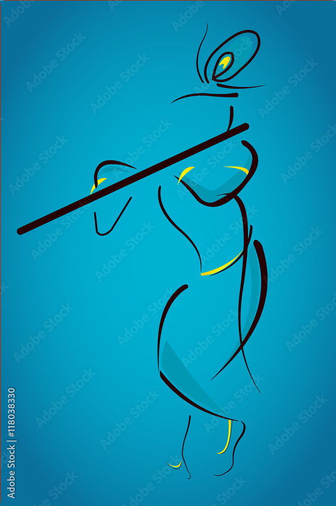 Illustration of face of krishna with flute in line art  wall stickers  beautiful white drawing  myloviewcom