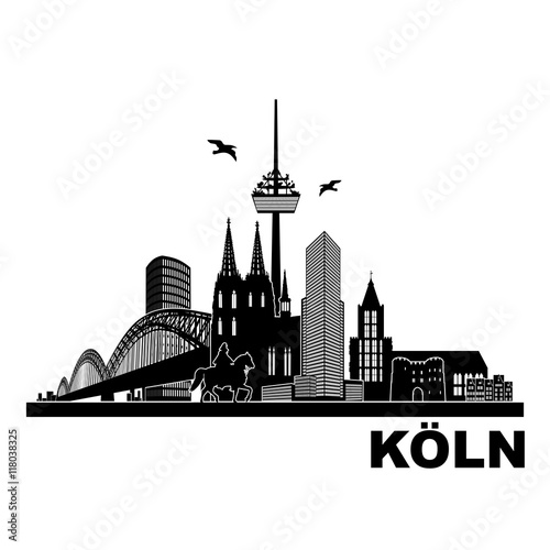 Köln Panorama Skyline Wandtatoo Sehenswürdigkeiten Kölner Dom Hohenzollernbrücke Rathaus Triangle Stadtansicht Städtetour Tourismus schwarz weiß Hintergrund Altstadt modern