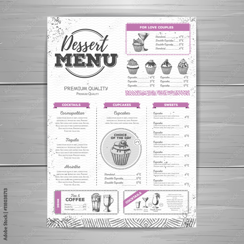 Vintage dessert menu design. Sweet cupcake