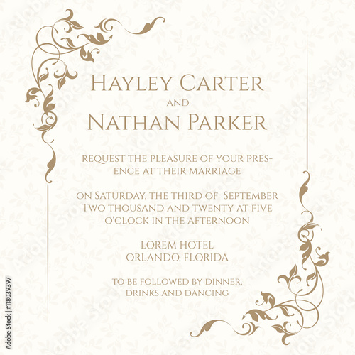 Invitation card with floral frame on seamless background.  Classic design page.