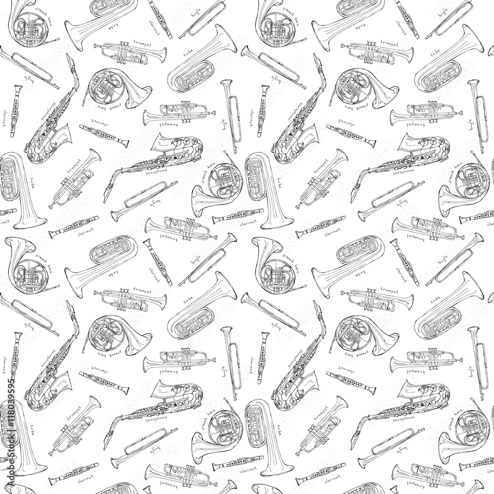 Hand drawn sketch illustration seamless pattern background of Wind instruments set isolated on white with lettering Hand drawn sketch illustration seamless pattern background of Wind instruments set isolated on white with lettering