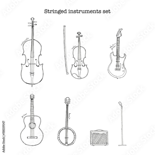 Hand drawn sketch illustration of stringed instruments set with microphone on the stand and an electronic amplifier and lettering violoncello, violin, guitar, electric guitar, banjo isolated