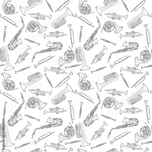 Hand drawn sketch illustration seamless pattern background of Wind instruments set isolated on white