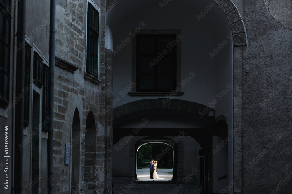 Fototapeta premium Hugging newlyweds stand in the end of a tunnel