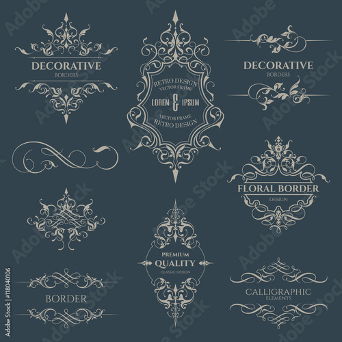 Set of decorative borders and frames.  Classic patterns. Template for cards, invitations, menus, labels, stickers.