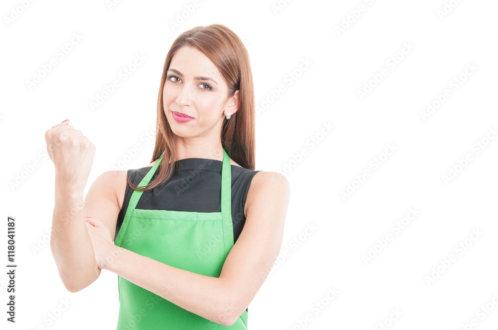 Fototapeta premium Smiling employee holding fist up