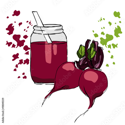 color sketch of beetroot smoothie and vegetables