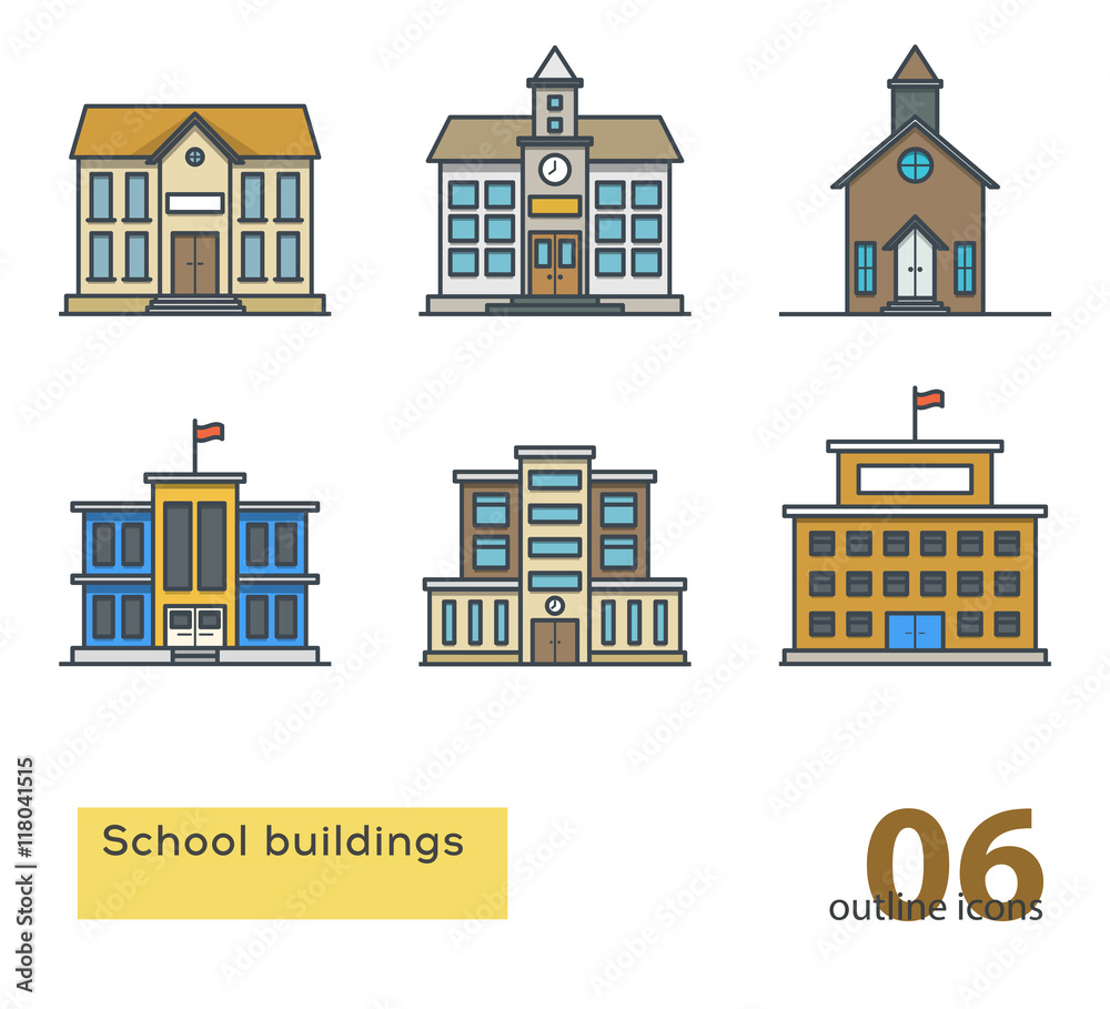 school building colorful icons. Outline vector illustration.