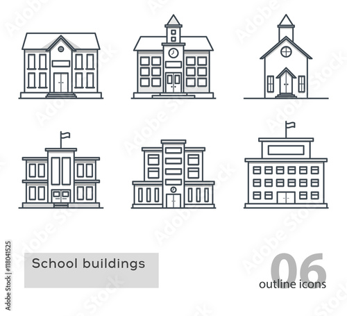 school building icons. Outline vector illustration.