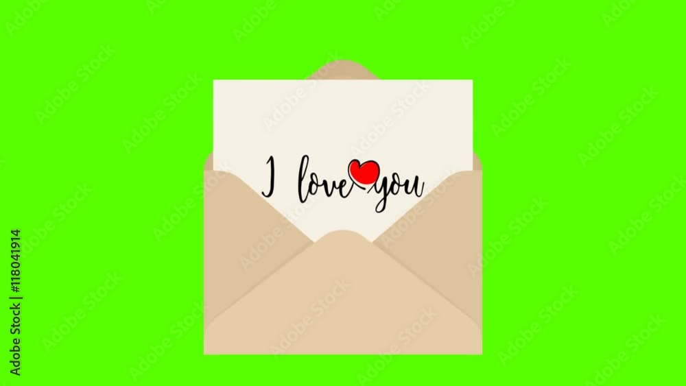 Pulling I love you note card out of an envelope against white and green background Pulling I love you note card out of an envelope against white and green background