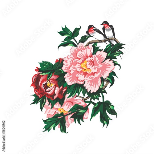 oriental style, birds and roses. Chinese painting. vector illustration