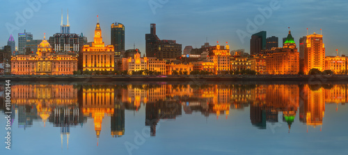 Photography Skyline of The Bund, marvellous historical buildings and Huangpu River on sunset