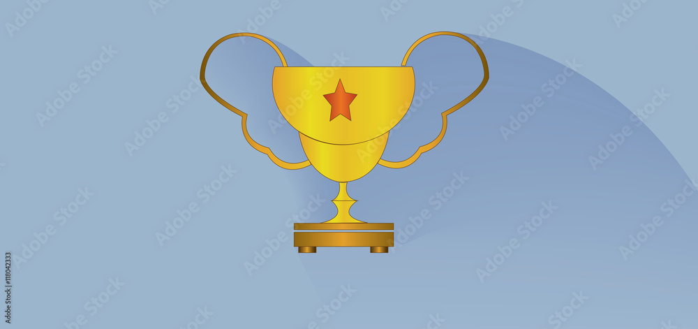 Gold cup with a star design over white blue background, flat style. Digital image vector