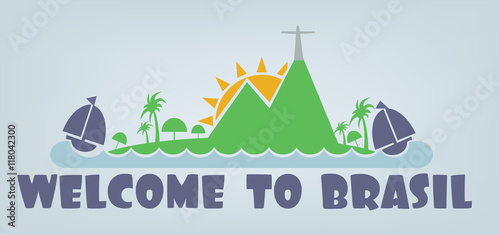 Welcome to brasil card with sun, boat and palm trees over silver background, in outlines. Digital vector image