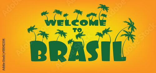 Welcome to brasil card with palm trees over orange background, in outlines. Digital vector image